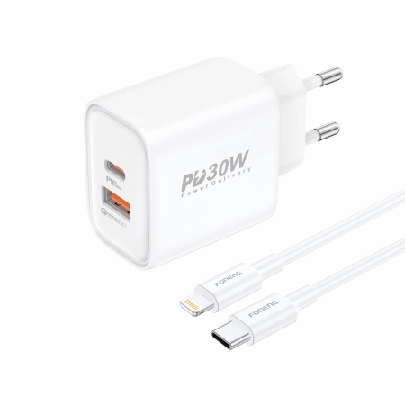 Ładowarka sieciowa Foneng EU52 PD 30W 1xUSB-C + 1xUSB QC3.0 + kabel USB-C - Lightning Biały
