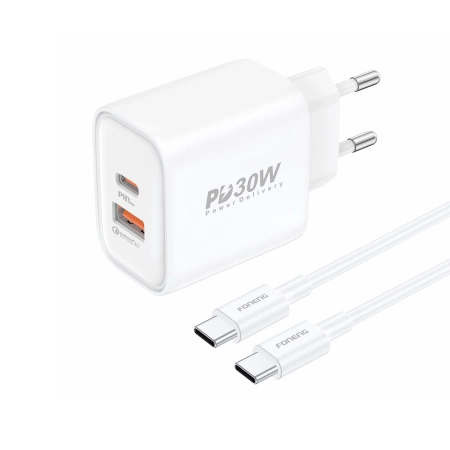 Ładowarka sieciowa Foneng EU52 PD 30W 1xUSB-C + 1xUSB QC3.0 + kabel USB-C - USB-C Biały